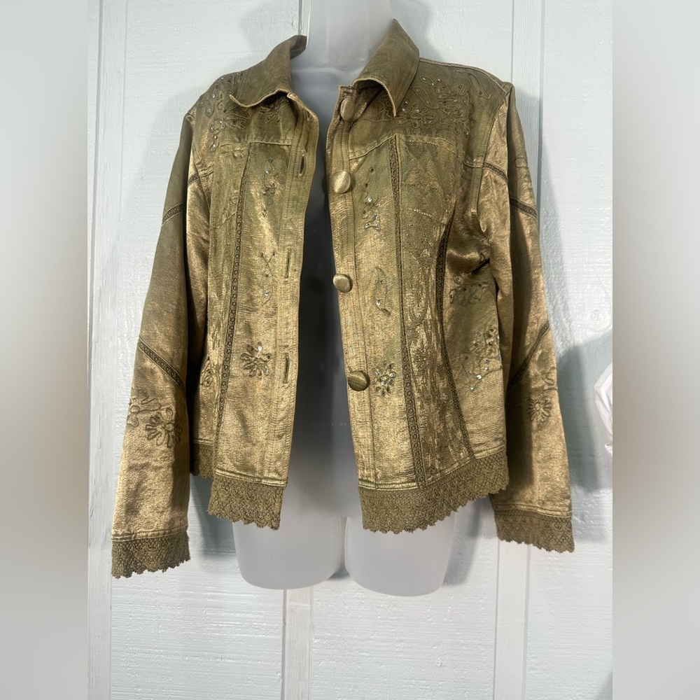 Moka Sport Womens Gold Jacket Blazer W/ Sequin Embroidery Size Large EUC